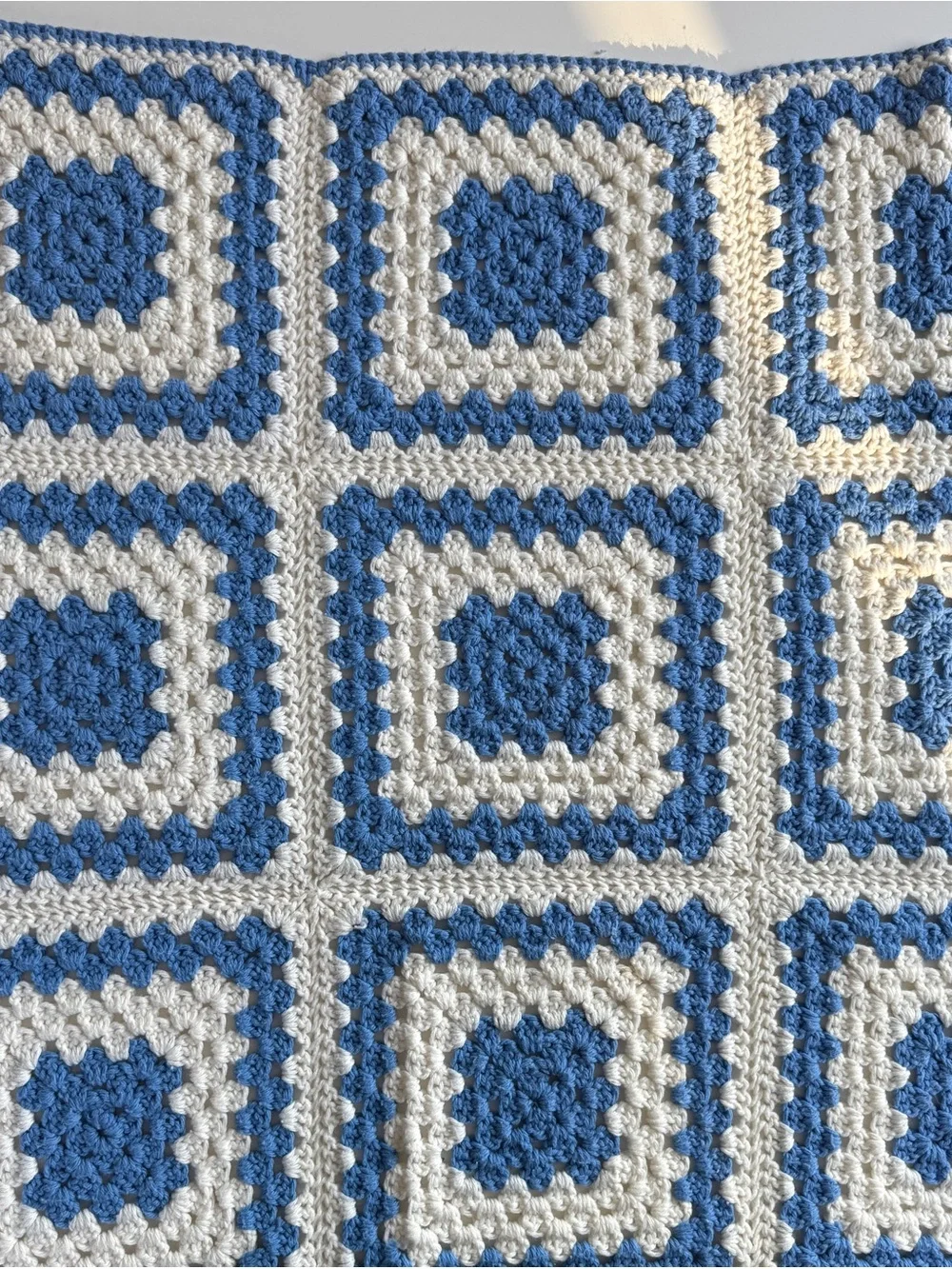 VTG Granny Square Handmade Afghan Bkue WhiteThrow Boho Cottage 48x60